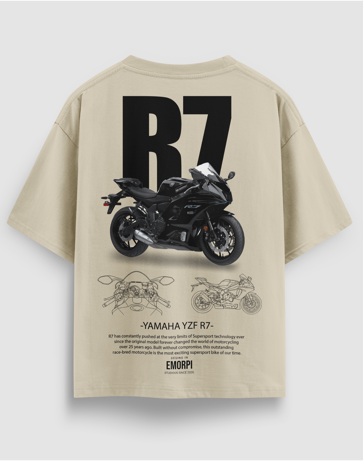 Yamaha R7 baskılı motorcu tişört, bej, arkadan görünüm. Yamaha YZF-R7 çizimli sırt baskısı