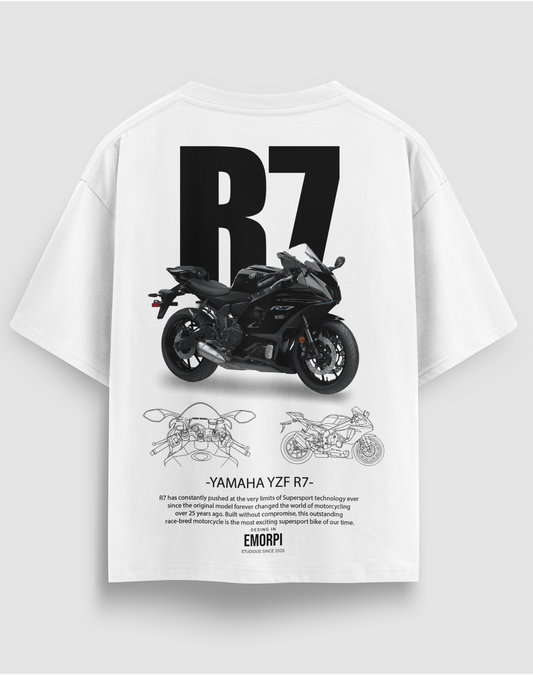 Yamaha R7 baskılı motorcu tişört, beyaz, arkadan görünüm. Yamaha YZF-R7 çizimli sırt baskısı