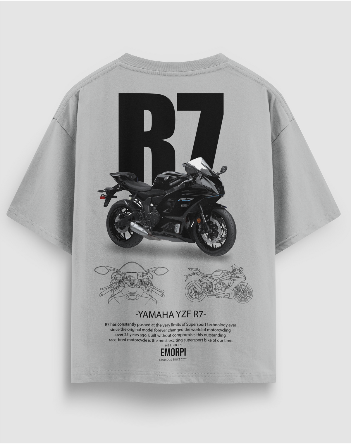 Yamaha R7 baskılı motorcu tişört, gri, arkadan görünüm. Yamaha YZF-R7 çizimli sırt baskısı