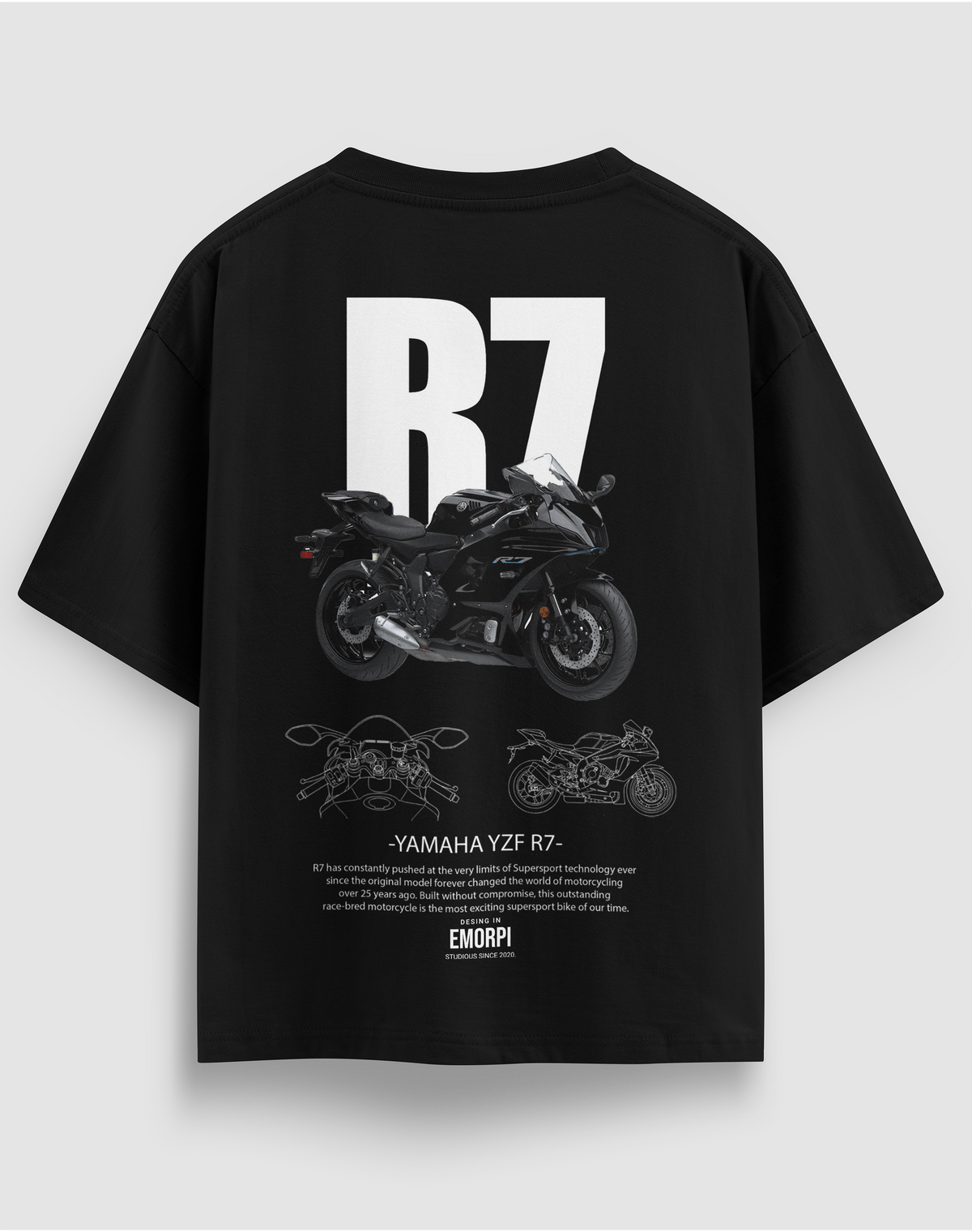 Yamaha R7 baskılı motorcu tişört, siyah, arkadan görünüm. Yamaha YZF-R7 çizimli sırt baskısı