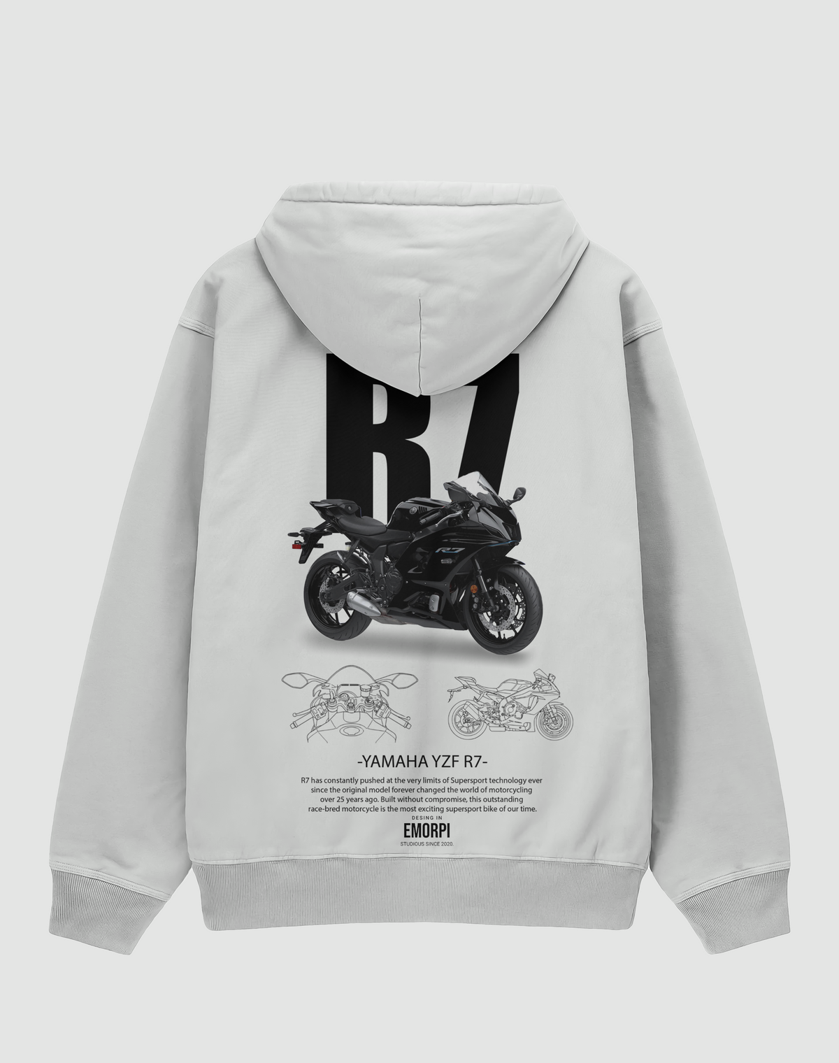 Yamaha R7 baskılı oversize hoodie, beyaz, arkadan görünüm. Yamaha YZF-R7 çizimli sırt baskısı
