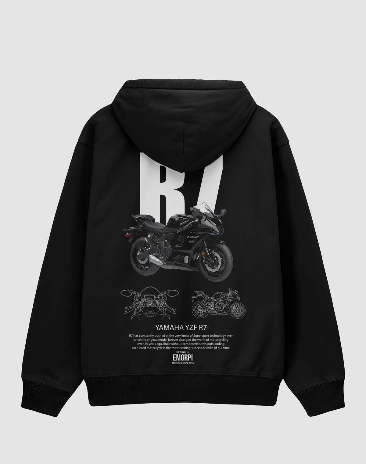 Yamaha R7 baskılı oversize hoodie, siyah, arkadan görünüm. Yamaha YZF-R7 çizimli sırt baskısı