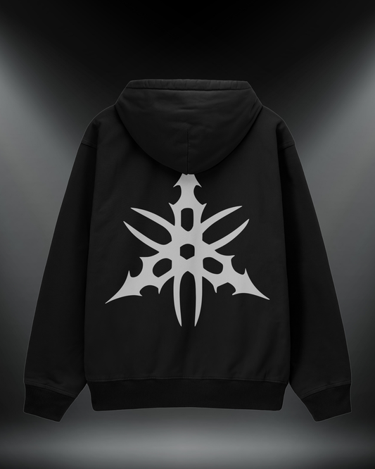 Yamaha reflektörlü oversize motorcu hoodie, siyah, sırtta diyapazon amblem baskısı
