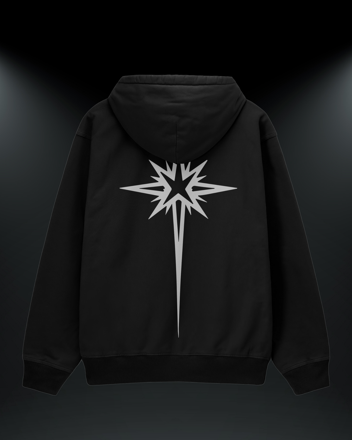 Yıldız baskılı reflektörlü oversize motorcu hoodie, siyah, sırtta yıldız baskısı