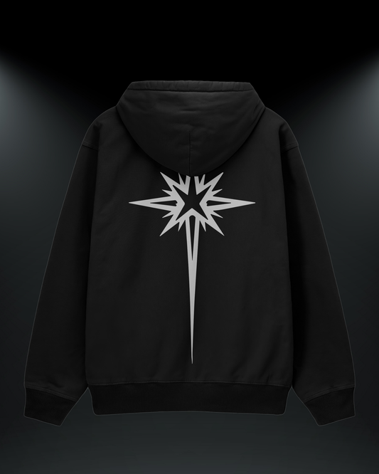 Yıldız baskılı reflektörlü oversize motorcu hoodie, siyah, sırtta yıldız baskısı